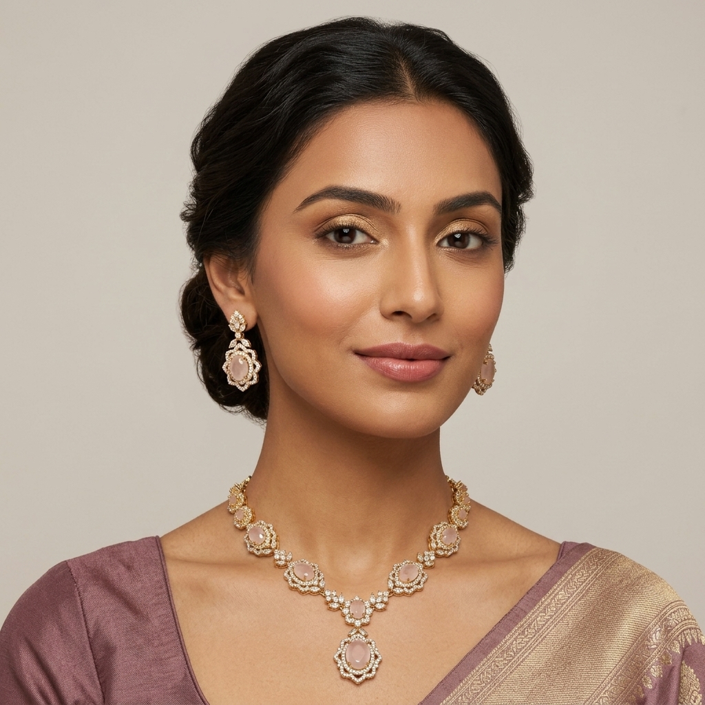 Regal Oval Rose Quartz & AD Floral Halo Statement Set - On-Model Luxury Lifestyle Shot