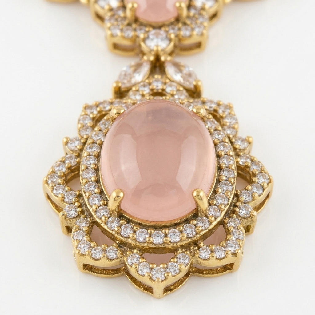 Regal Oval Rose Quartz & AD Floral Halo Statement Set - Macro Detail Craftsmanship Focus