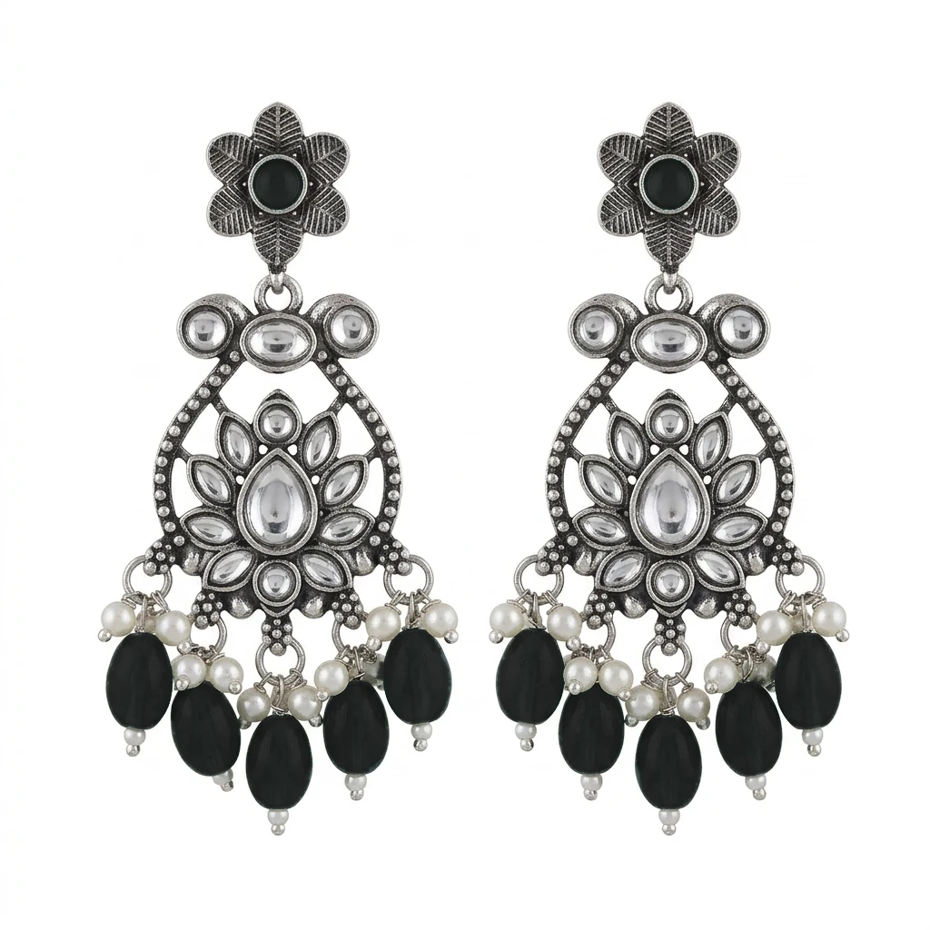 Oxidized German Silver Floral Chandbali with Emerald Green Drops - Jet Black Edition