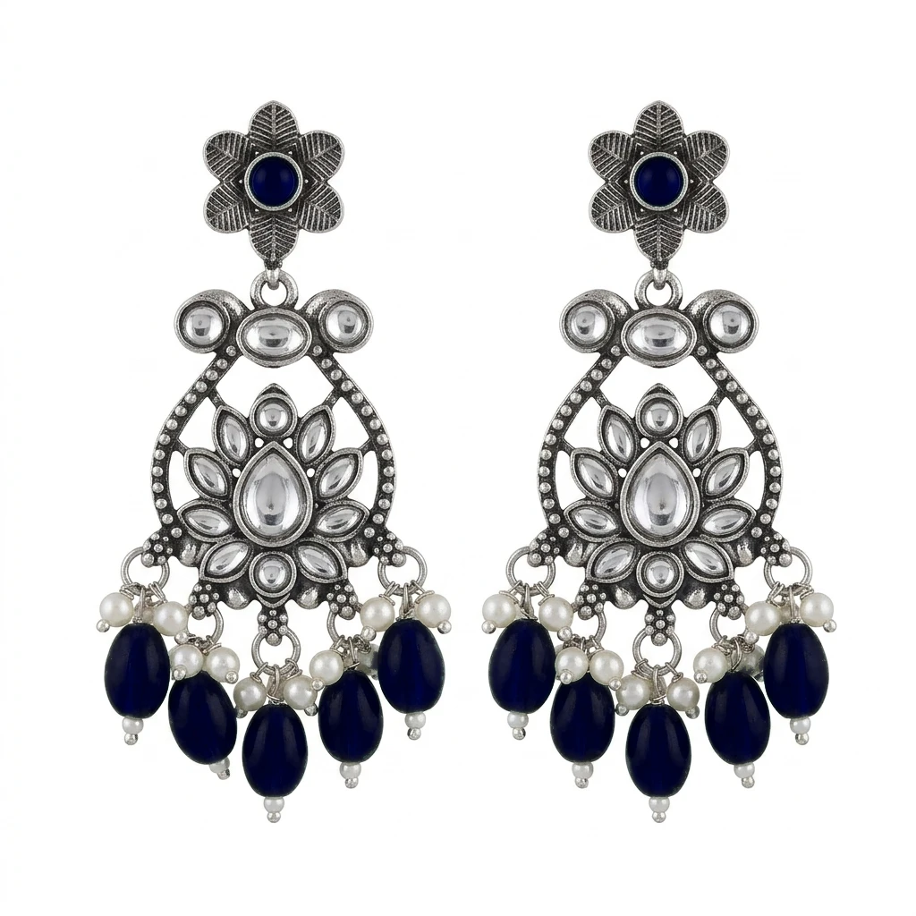 Oxidized German Silver Floral Chandbali with Emerald Green Drops - Dark Blue Edition