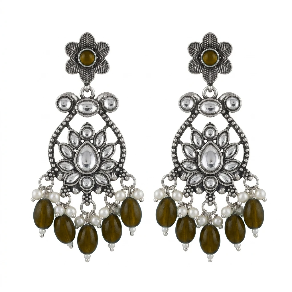Oxidized German Silver Floral Chandbali with Emerald Green Drops - Dark Yellow Edition