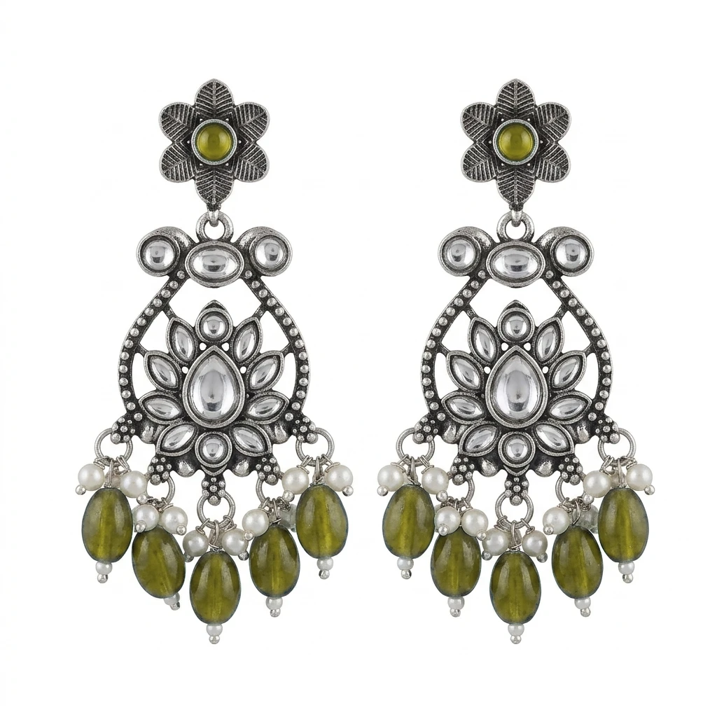 Oxidized German Silver Floral Chandbali with Emerald Green Drops - Lemon Yellow Edition