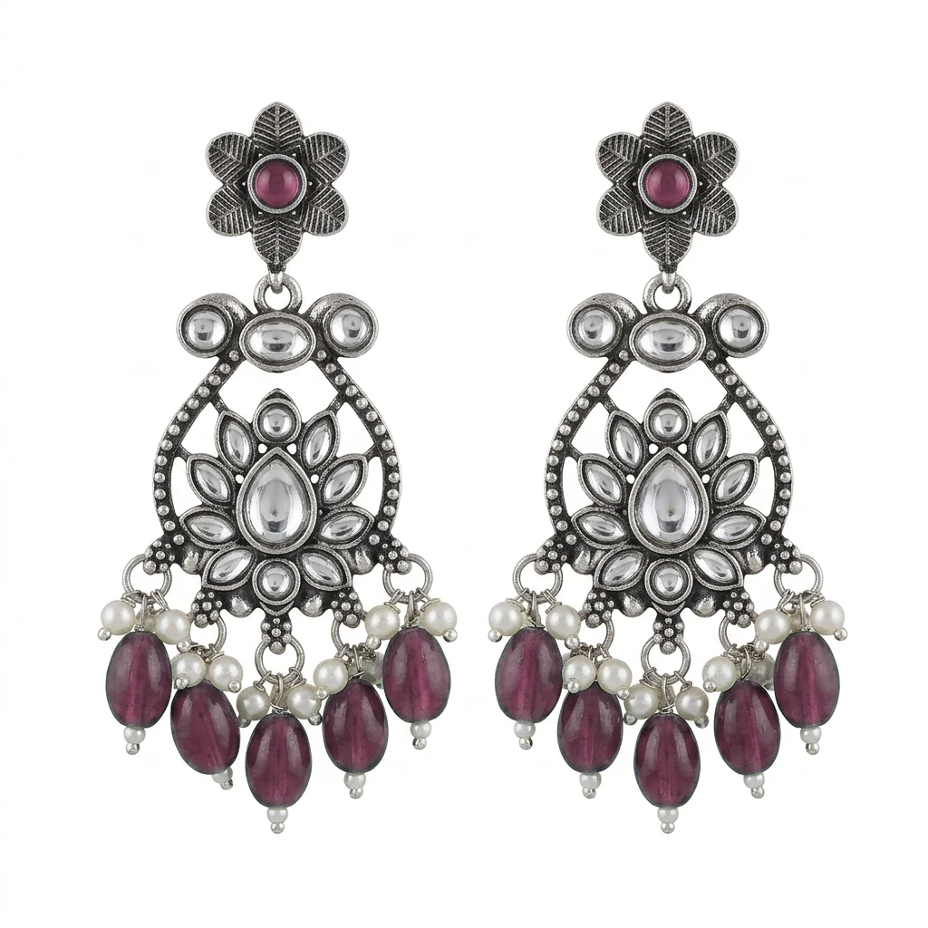 Oxidized German Silver Floral Chandbali with Emerald Green Drops - Light Pink Edition