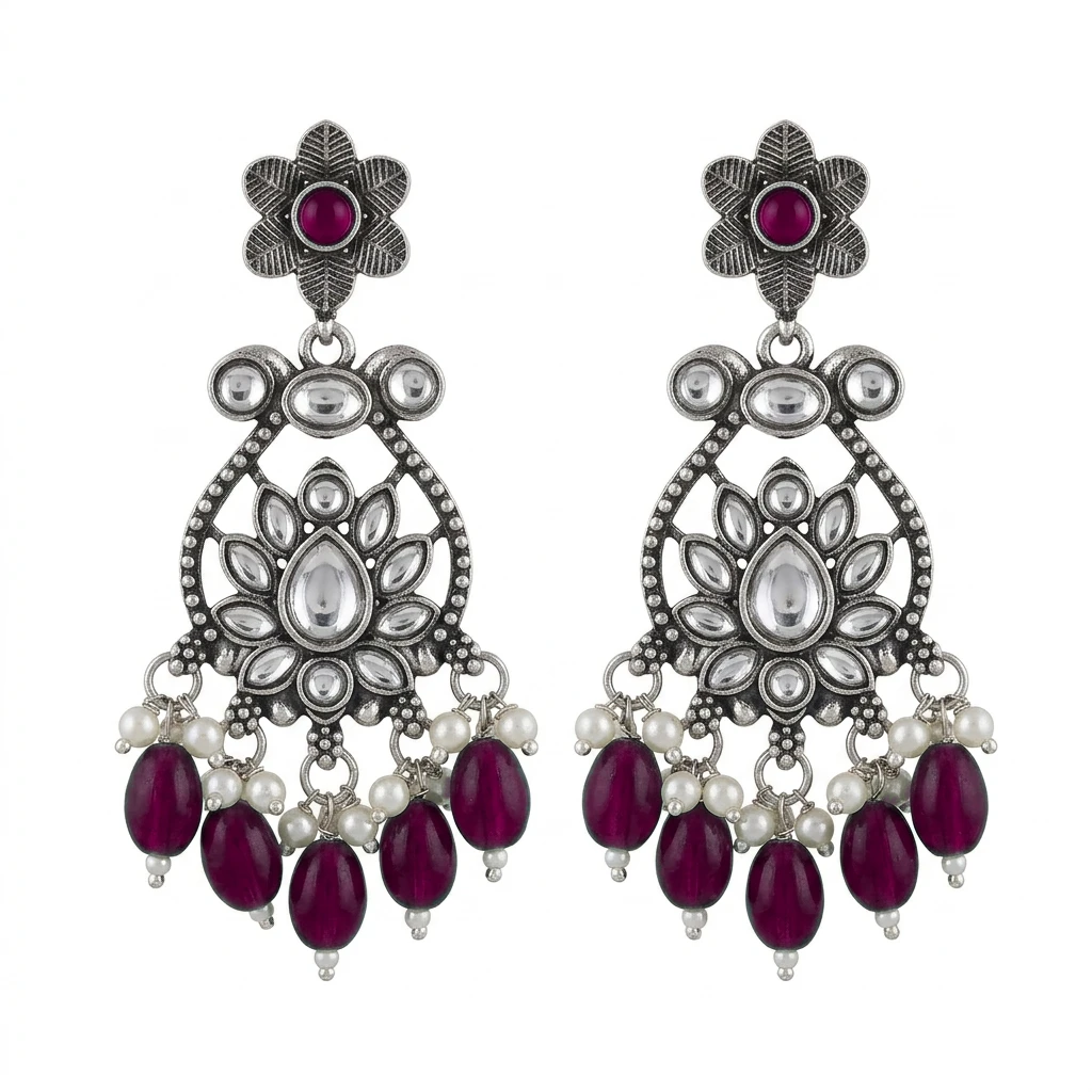 Oxidized German Silver Floral Chandbali with Emerald Green Drops - Magenta Edition