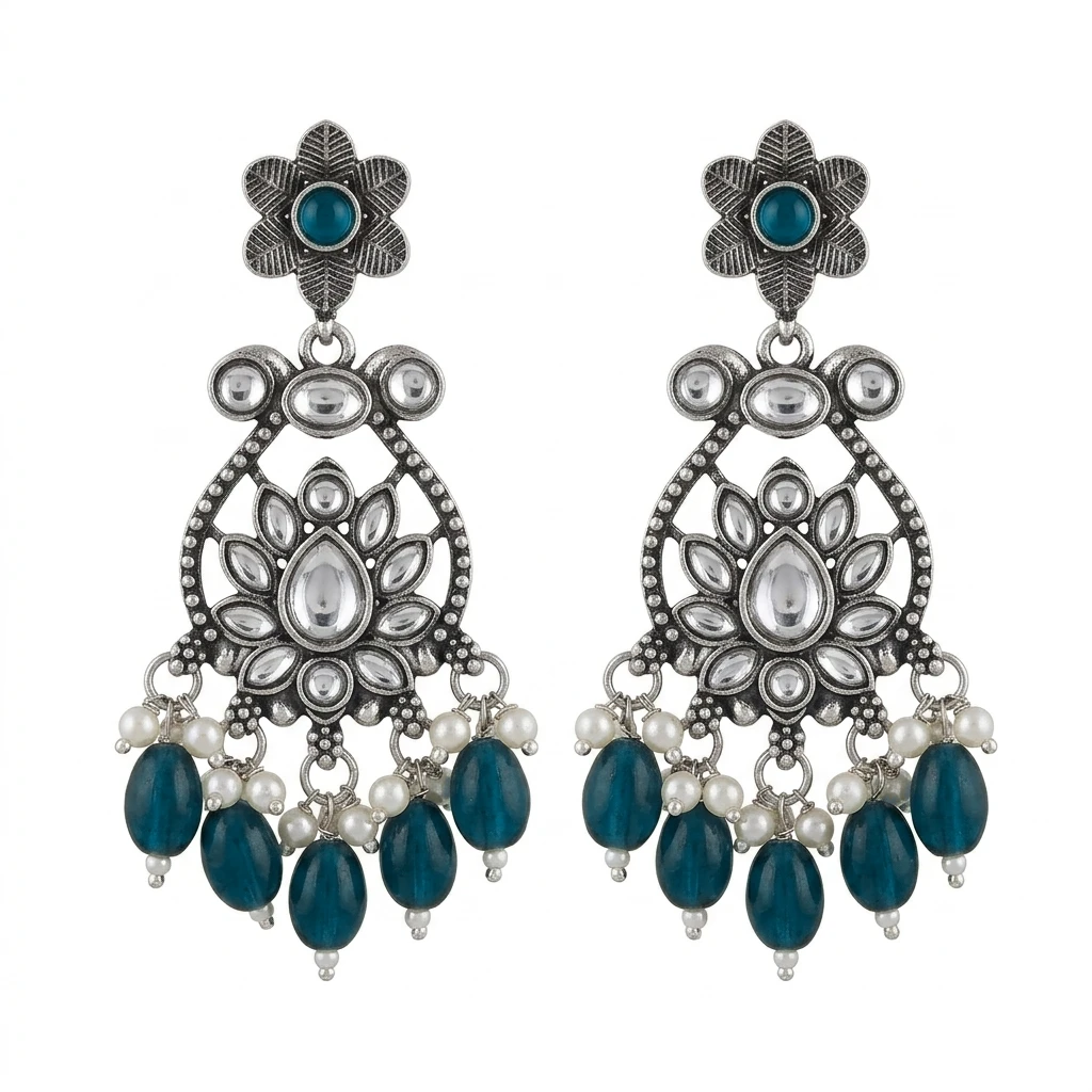 Oxidized German Silver Floral Chandbali with Emerald Green Drops - Ocean Blue Edition
