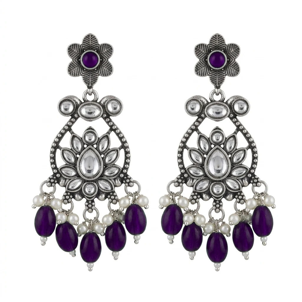 Oxidized German Silver Floral Chandbali with Emerald Green Drops - Purple Edition