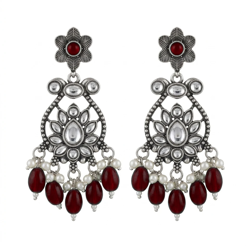 Oxidized German Silver Floral Chandbali with Emerald Green Drops - Royal Ruby Red Edition