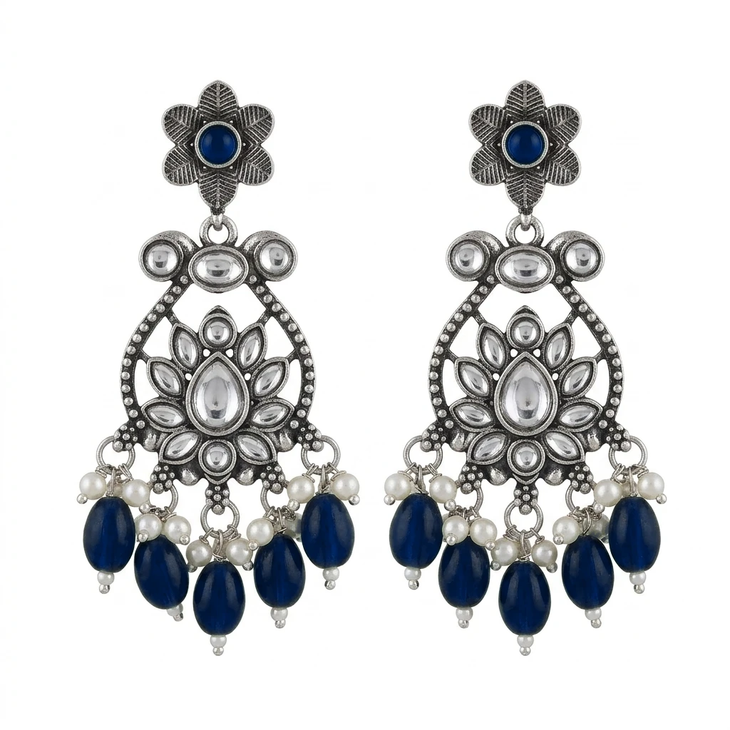 Oxidized German Silver Floral Chandbali with Emerald Green Drops - Royal Sapphire Blue Edition