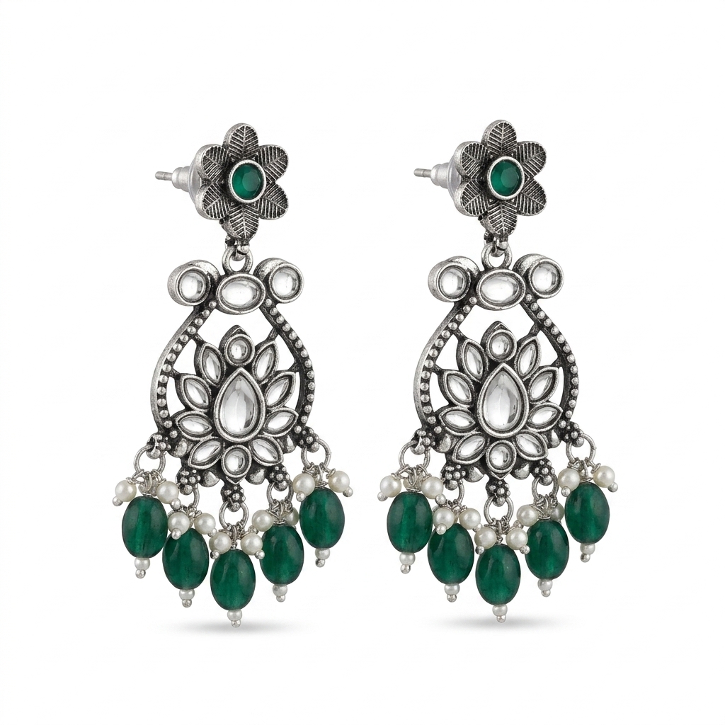 Oxidized German Silver Floral Chandbali with Emerald Green Drops - 45 Degree Angle View