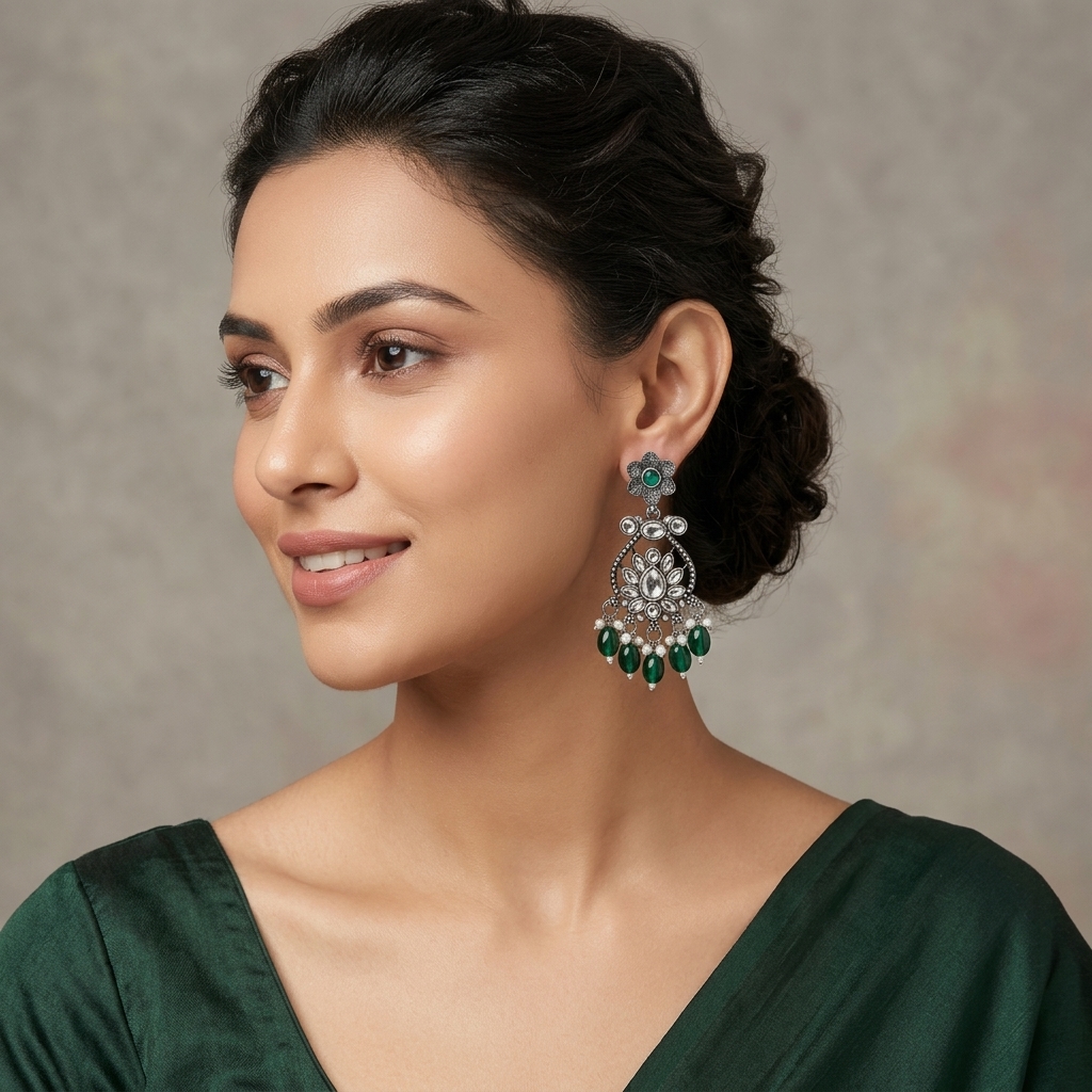 Oxidized German Silver Floral Chandbali with Emerald Green Drops - Lifestyle Model View