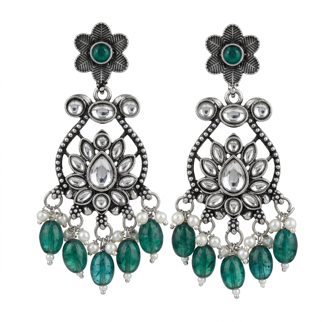 Oxidized German Silver Floral Chandbali with Emerald Green Drops - Macro Stone Detail View