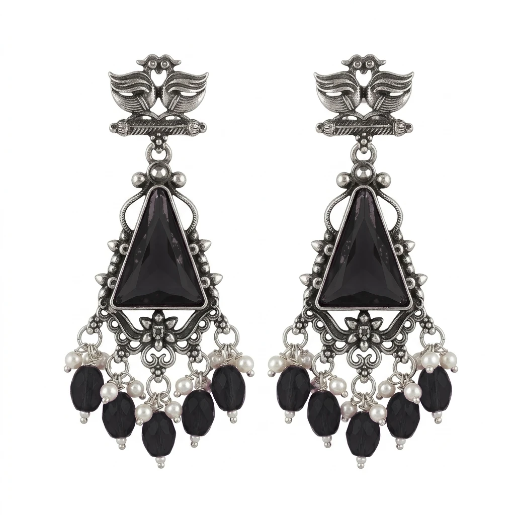 Oxidized German Silver Twin Peacock Amethyst Purple Dangle Earrings - Jet Black Edition