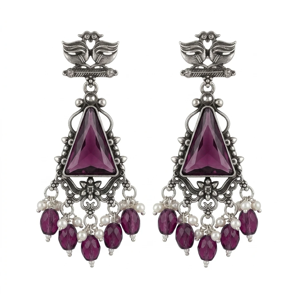 Oxidized German Silver Twin Peacock Amethyst Purple Dangle Earrings - Dark Pink Edition