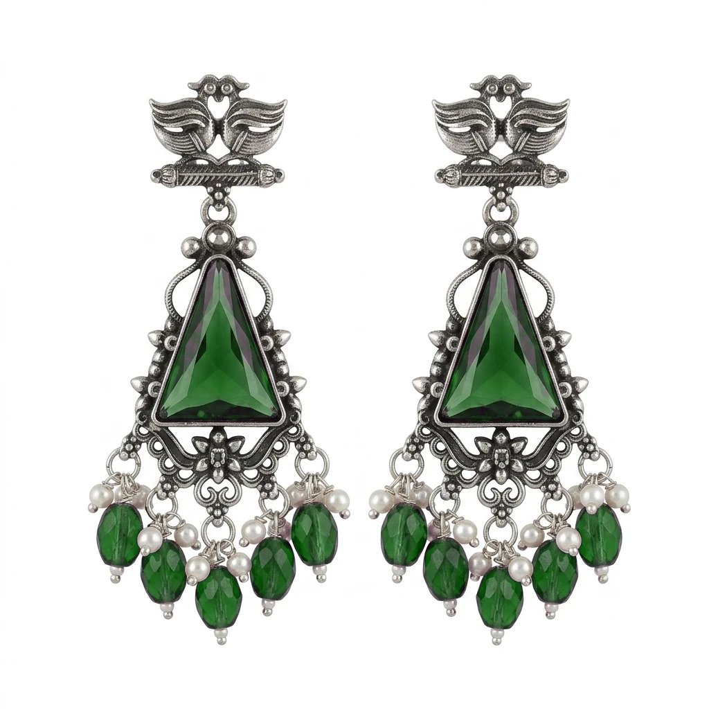 Oxidized German Silver Twin Peacock Amethyst Purple Dangle Earrings - Emerald Green Edition