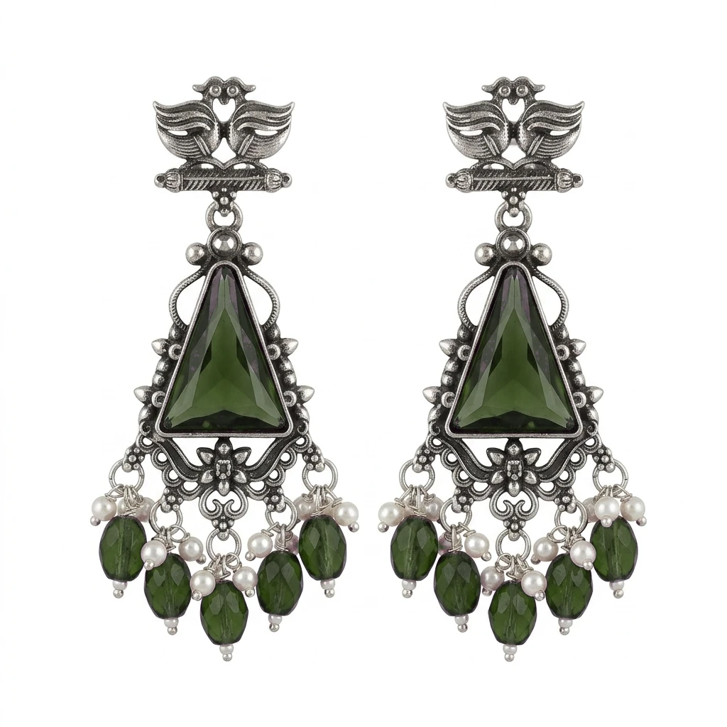 Oxidized German Silver Twin Peacock Amethyst Purple Dangle Earrings - Mehendi Green Edition