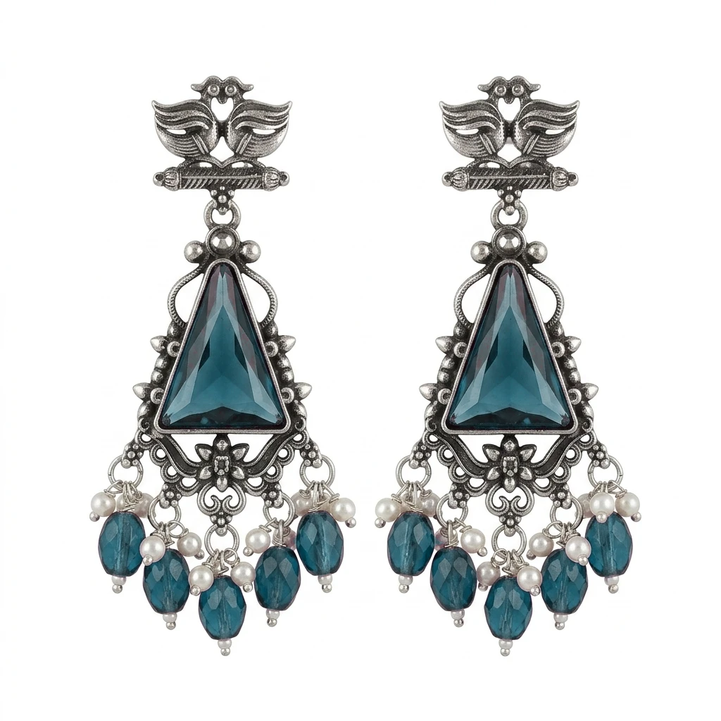 Oxidized German Silver Twin Peacock Amethyst Purple Dangle Earrings - Ocean Blue Edition