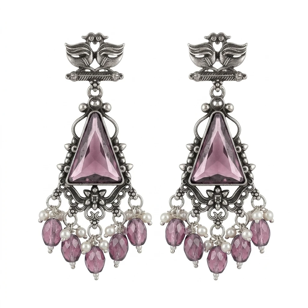 Oxidized German Silver Twin Peacock Amethyst Purple Dangle Earrings - Pastel Baby Pink Edition