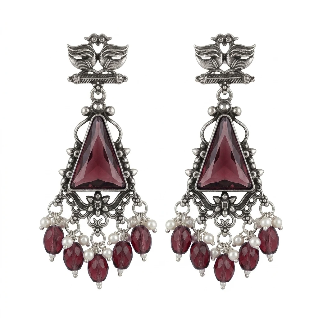 Oxidized German Silver Twin Peacock Amethyst Purple Dangle Earrings - Ruby Pink Edition