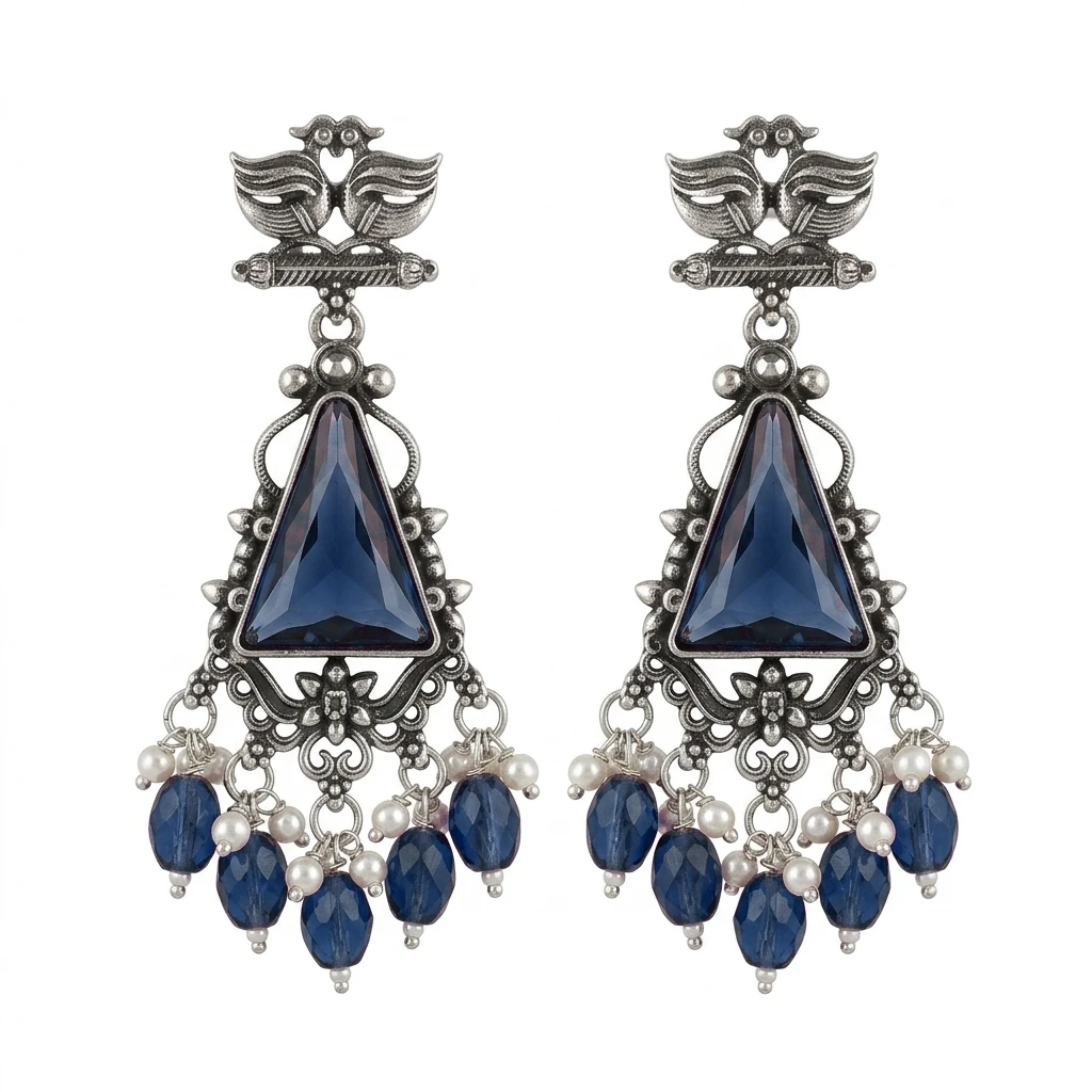 Oxidized German Silver Twin Peacock Amethyst Purple Dangle Earrings - Royal Sapphire Blue Edition