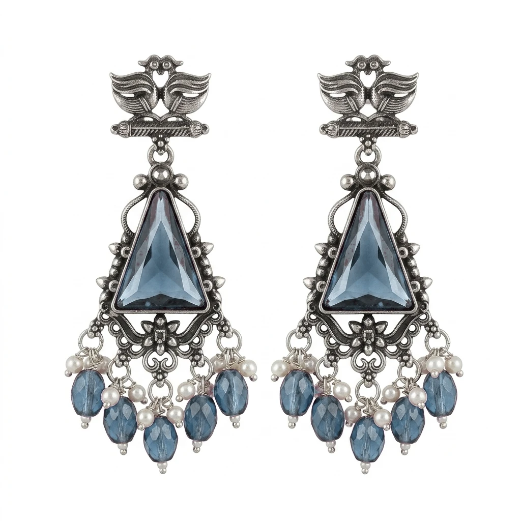 Oxidized German Silver Twin Peacock Amethyst Purple Dangle Earrings - Sky Blue Edition