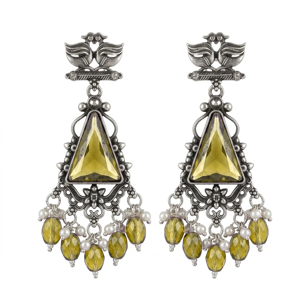 Oxidized German Silver Twin Peacock Amethyst Purple Dangle Earrings - Yellow Edition