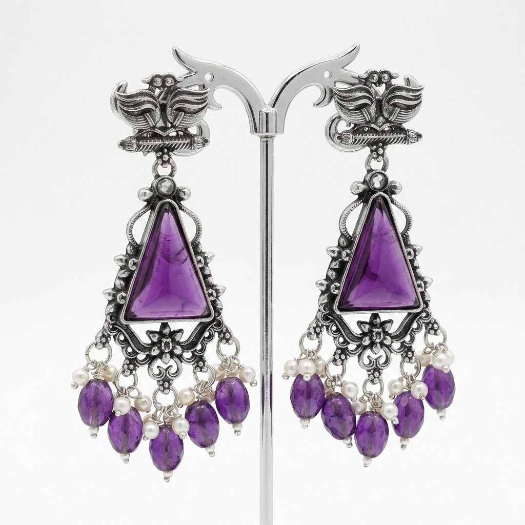 Oxidized German Silver Twin Peacock Amethyst Purple Dangle Earrings - 45 Degree Angle View