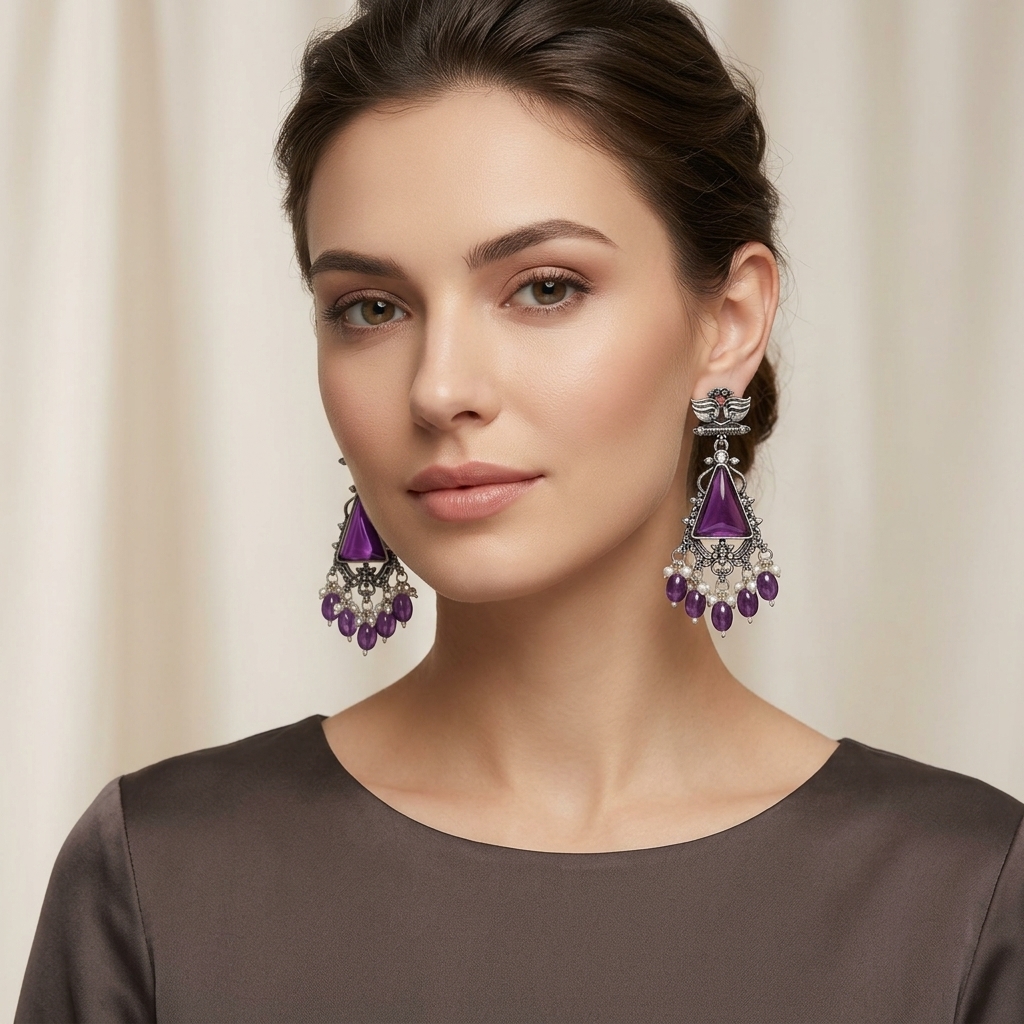Oxidized German Silver Twin Peacock Amethyst Purple Dangle Earrings - Lifestyle Model View