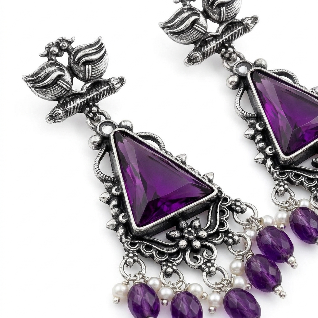 Oxidized German Silver Twin Peacock Amethyst Purple Dangle Earrings - Macro Stone Detail View