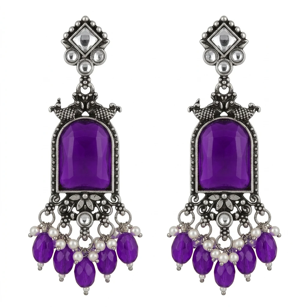 Oxidized German Silver Ruby Pink Glass Mirror Dangle Earrings - Amethyst Purple Edition