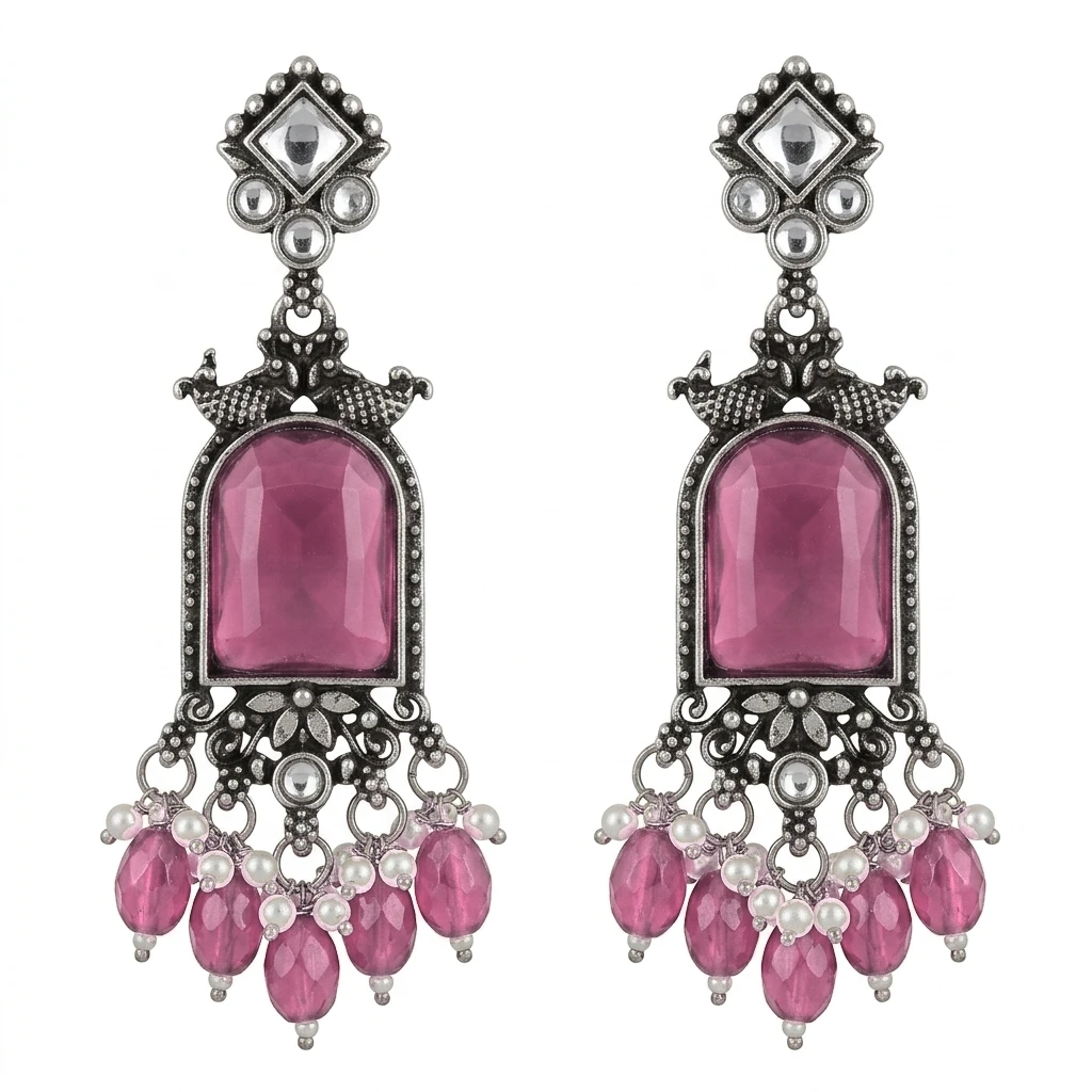 Oxidized German Silver Ruby Pink Glass Mirror Dangle Earrings - Pastel Baby Pink Edition