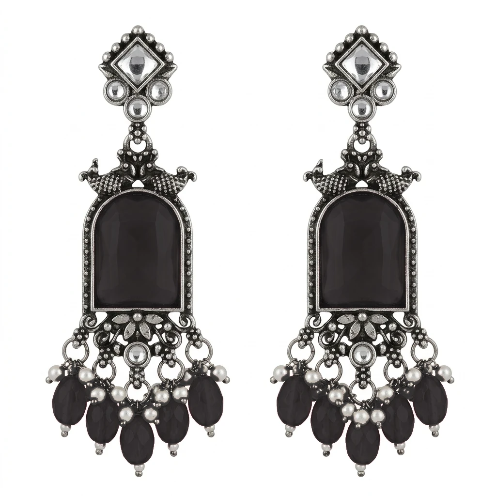Oxidized German Silver Ruby Pink Glass Mirror Dangle Earrings - Jet Black Edition