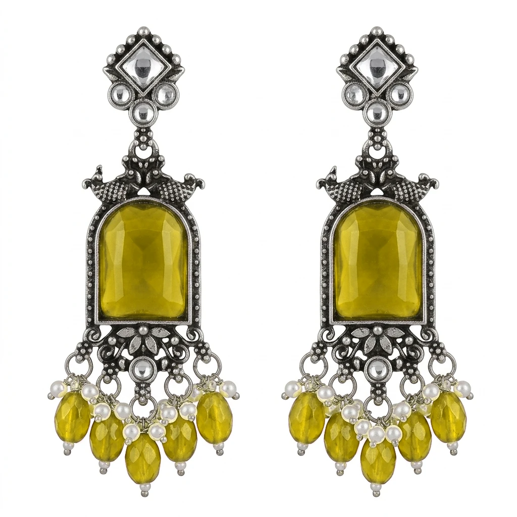 Oxidized German Silver Ruby Pink Glass Mirror Dangle Earrings - Canary Yellow Edition