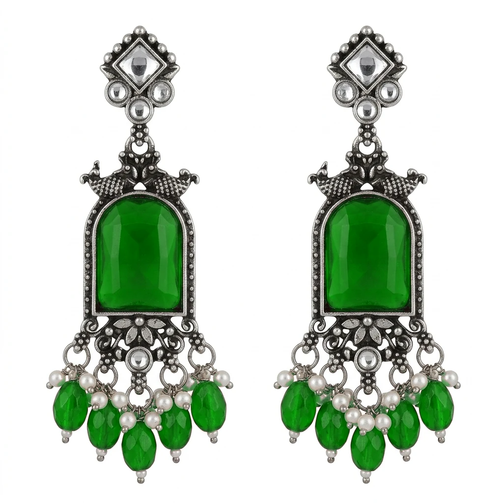 Oxidized German Silver Ruby Pink Glass Mirror Dangle Earrings - Emerald Green Edition