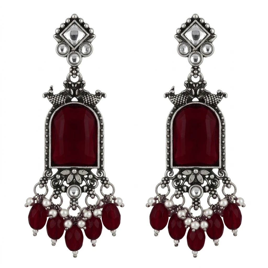 Oxidized German Silver Ruby Pink Glass Mirror Dangle Earrings - Royal Maroon Edition