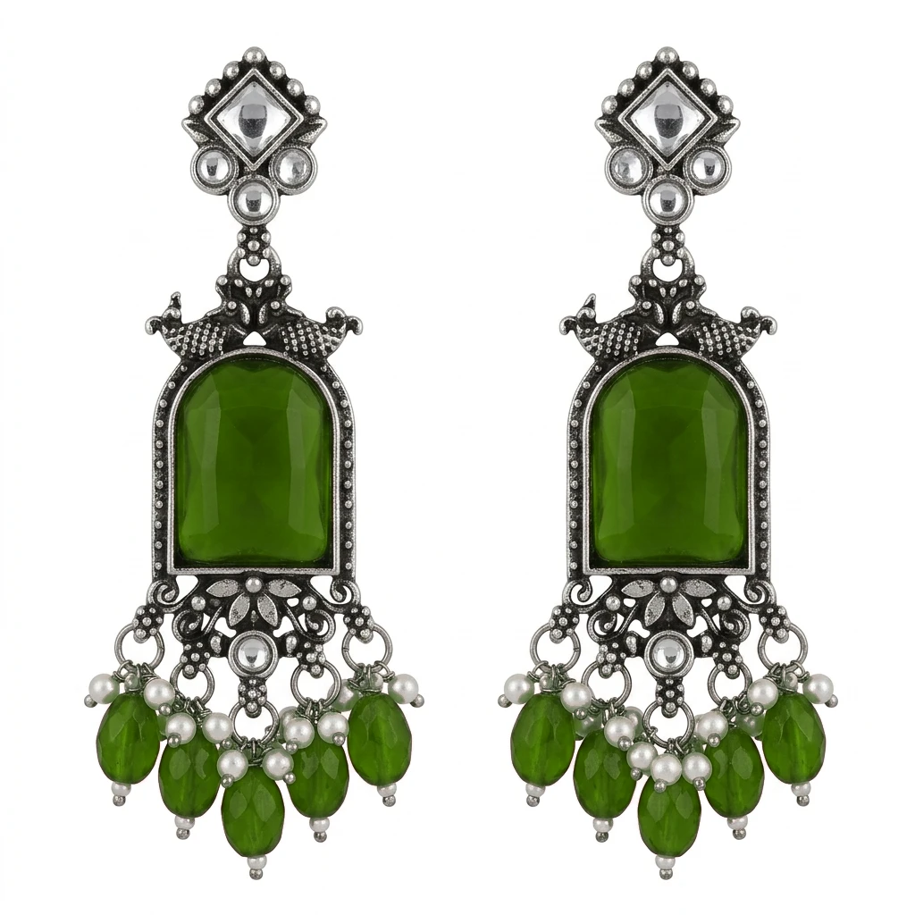 Oxidized German Silver Ruby Pink Glass Mirror Dangle Earrings - Mehendi Green Edition