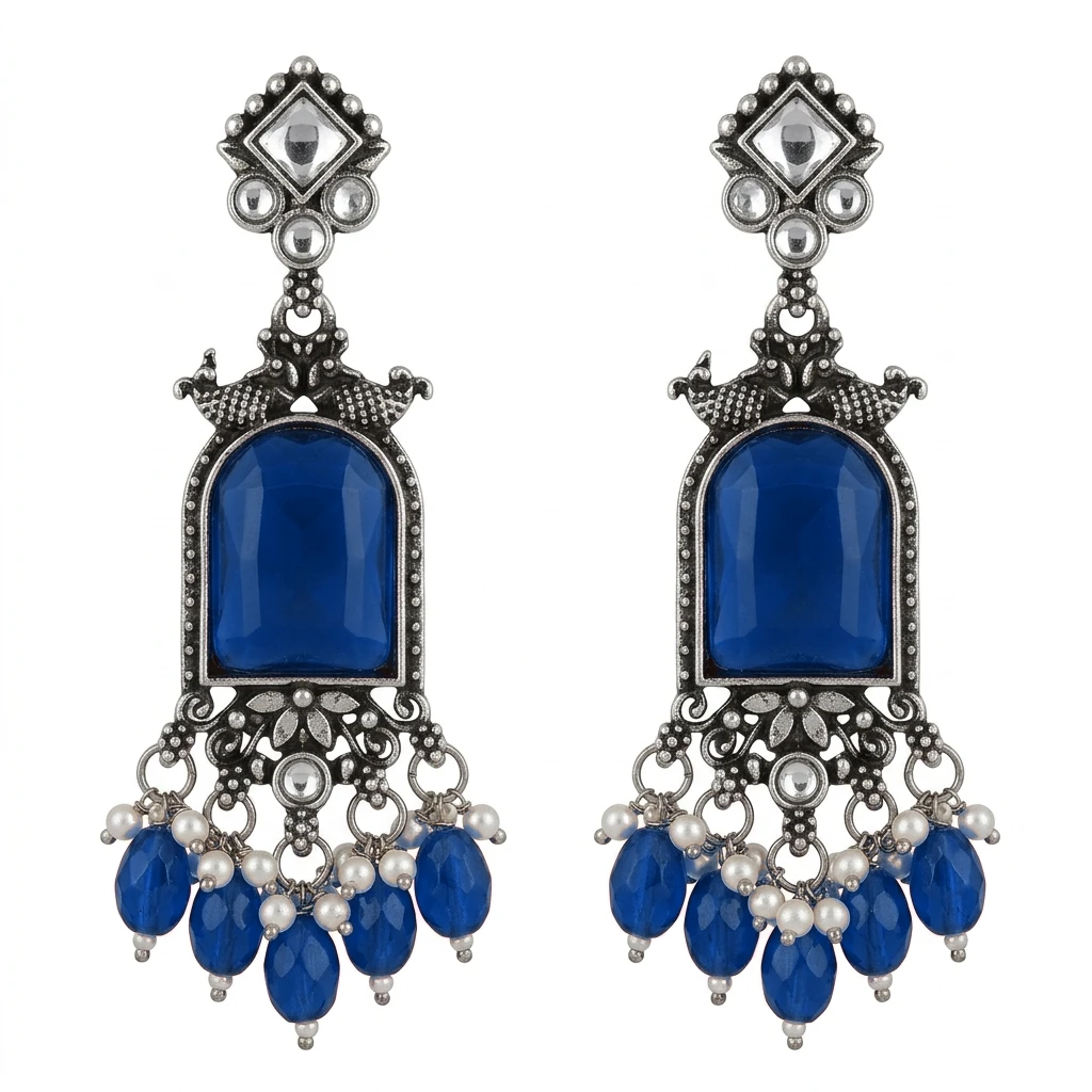 Oxidized German Silver Ruby Pink Glass Mirror Dangle Earrings - Royal Sapphire Blue Edition