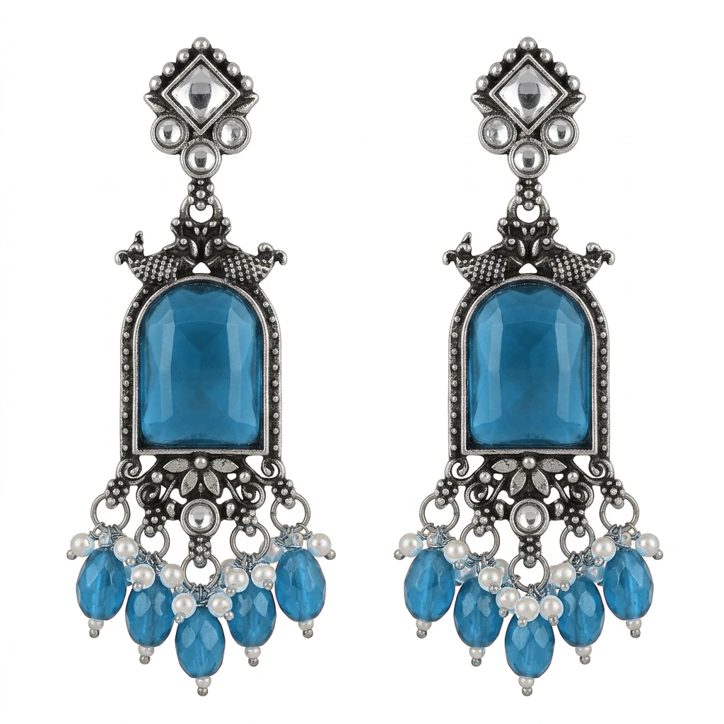 Oxidized German Silver Ruby Pink Glass Mirror Dangle Earrings - Sky Blue Edition