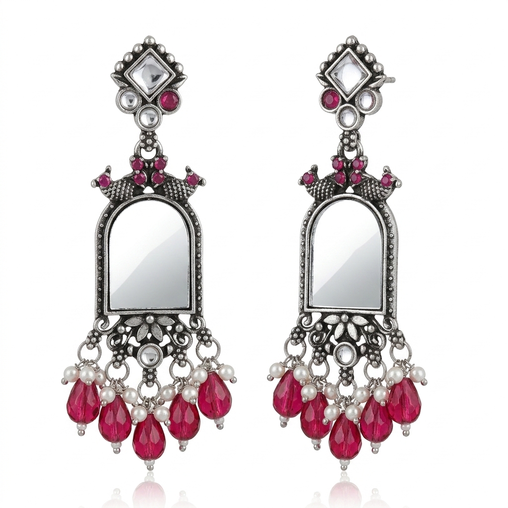 Oxidized German Silver Ruby Pink Glass Mirror Dangle Earrings - 45 Degree Angle View