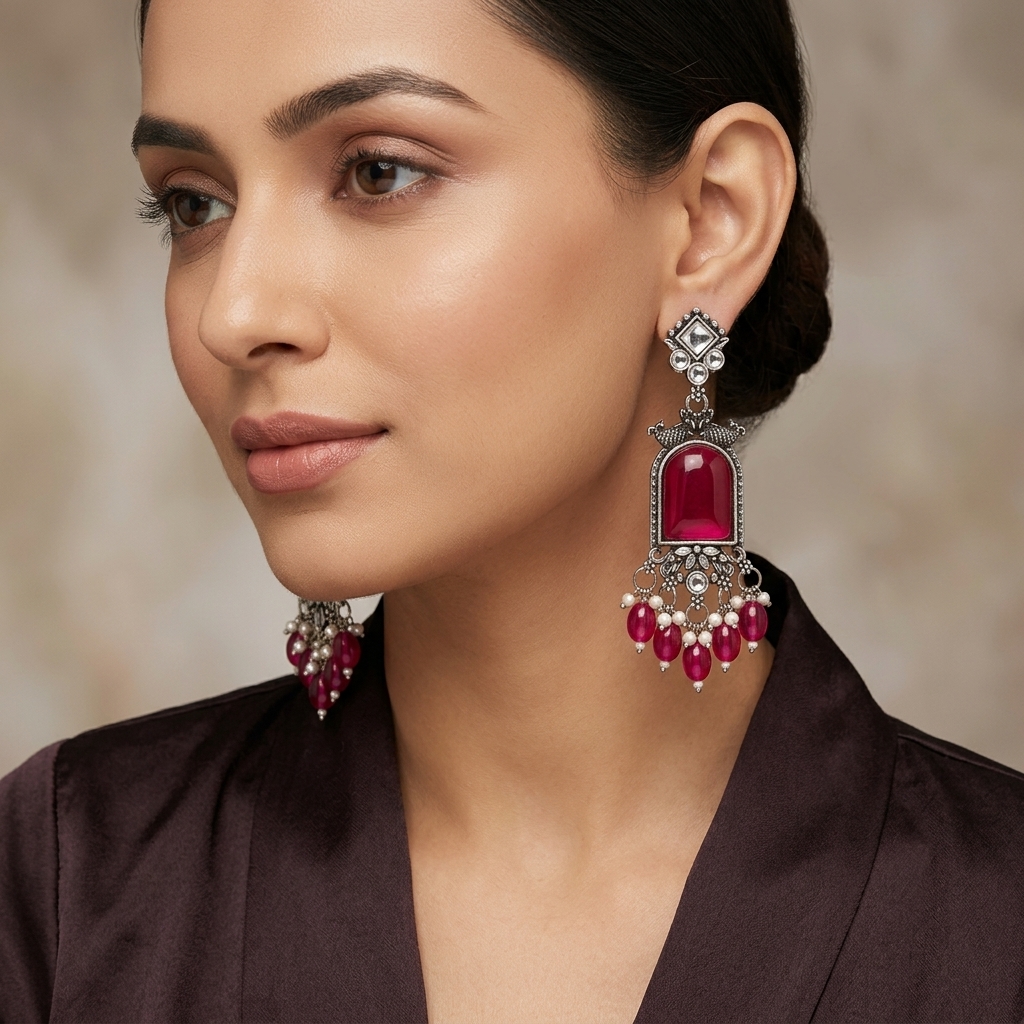 Oxidized German Silver Ruby Pink Glass Mirror Dangle Earrings - Lifestyle Model View