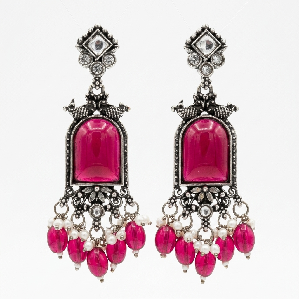 Oxidized German Silver Ruby Pink Glass Mirror Dangle Earrings - Macro Stone Detail View