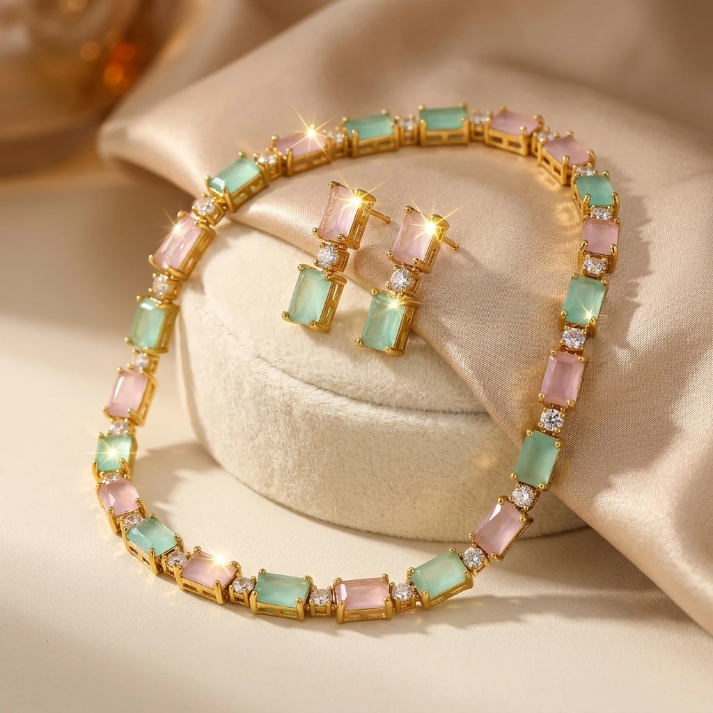 Pastel Mint & Rose Baguette AD Tennis Choker Set - 45° Hero Perspective Angle