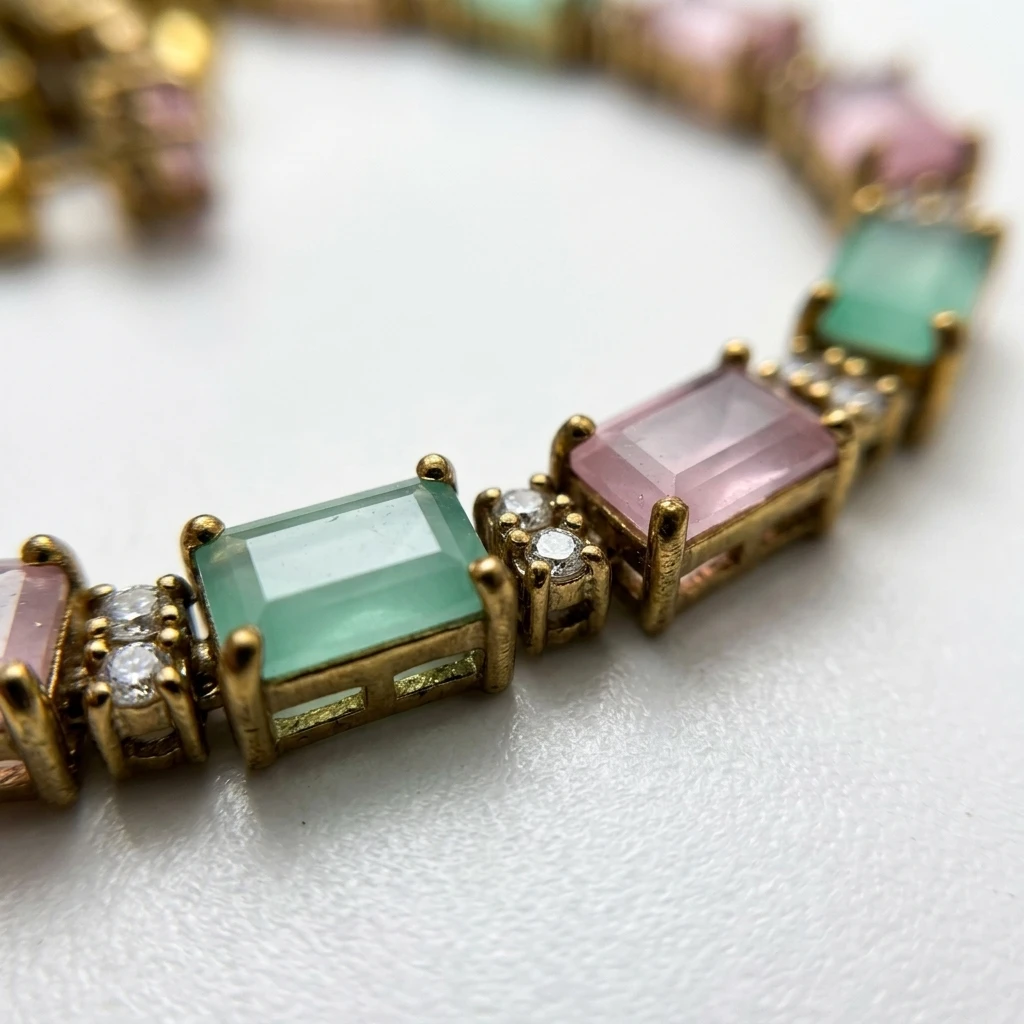 Pastel Mint & Rose Baguette AD Tennis Choker Set - Macro Detail Craftsmanship Focus