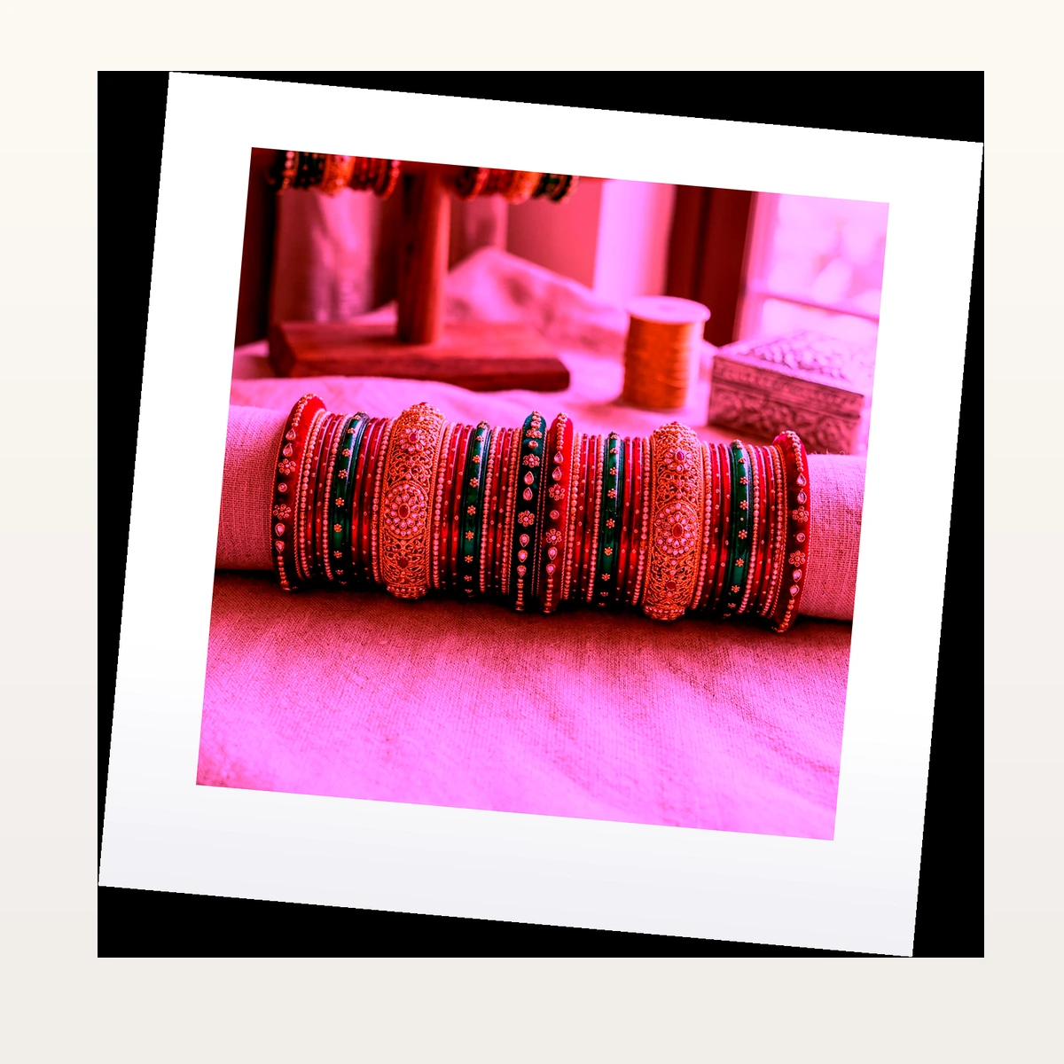 Rani Pink Zari Glass Bangles - 45° Angle View