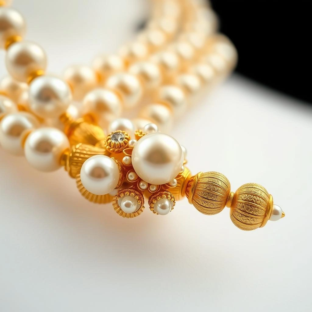 Royal 1-Gram Gold 2-Strand Pearl & Rava Fluted Bead Mohan Mala - Macro Detail Craftsmanship Focus