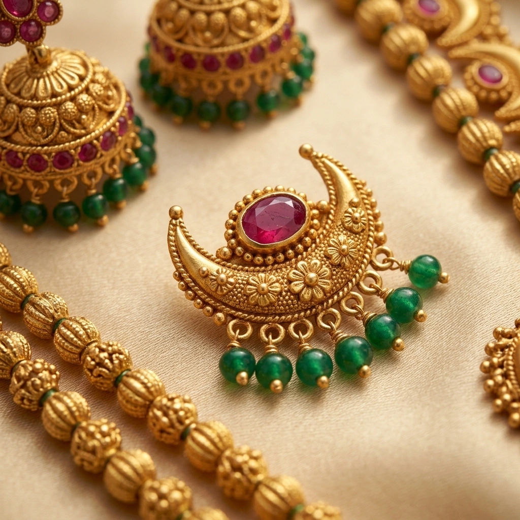 Royal 1-Gram Gold Plated Chand Motif Long Haram & Short Necklace Combo with Jhumkas - Macro Detail Craftsmanship Focus