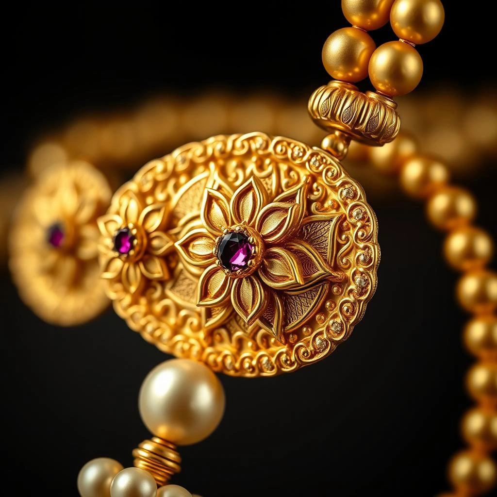 Royal 1-Gram Gold Double Line Rava Bead Mohan Mala with Floral Kemp Medallions - Macro Detail Craftsmanship Focus