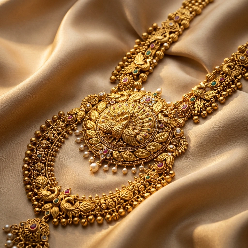 Royal 1-Gram Gold Kolhapuri Saaj Long Haar with Peacock Medallion - 45° Hero Perspective Angle