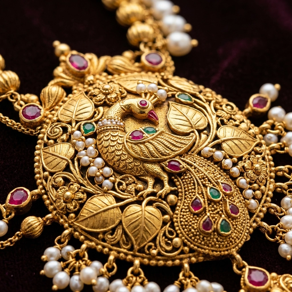 Royal 1-Gram Gold Kolhapuri Saaj Long Haar with Peacock Medallion - Macro Detail Craftsmanship Focus