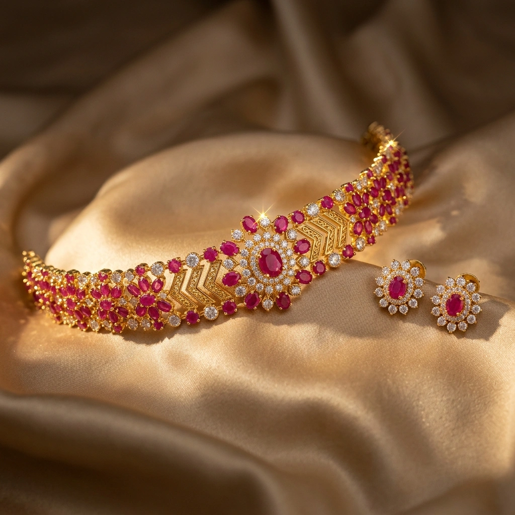 Royal 1-Gram Gold Plated Kemp Ruby & CZ Floral Sunburst Choker Set with Matching Studs - 45° Hero Perspective Angle