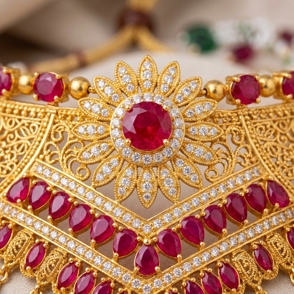 Royal 1-Gram Gold Plated Kemp Ruby & CZ Floral Sunburst Choker Set with Matching Studs - Macro Detail Craftsmanship Focus